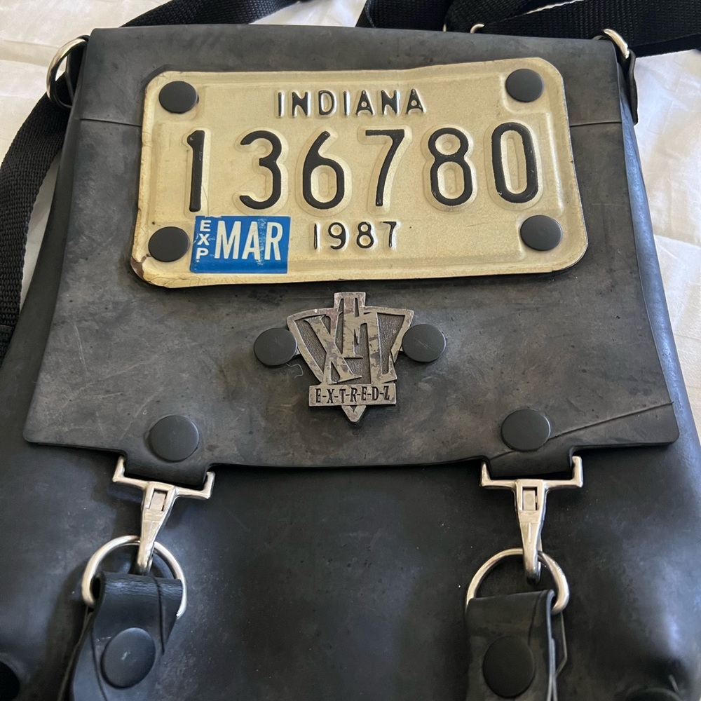 Recycled tire bag - Indiana license plate